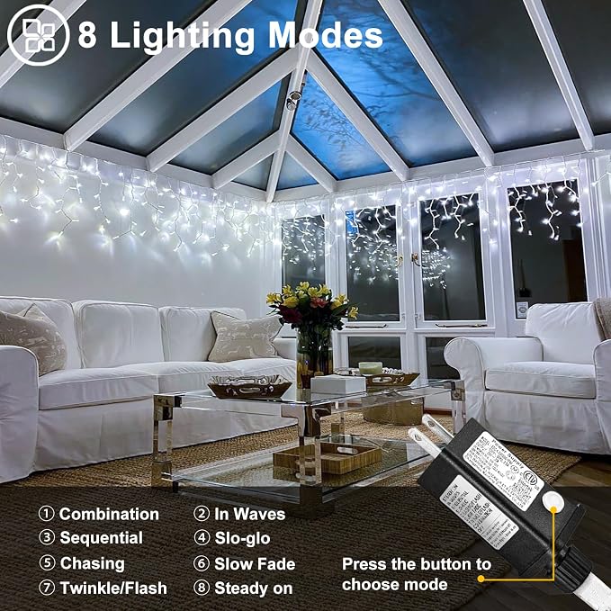 White Christmas Lights Outdoor 66ft 640 LED Icicle Lights for Outside House | Connectable LED String Lights Clear Wire 8 Modes Timer Plug in Waterproof for Holiday Eaves Yard Roof Party Xmas Decoration