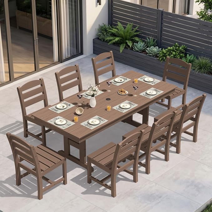KINGYES 8-Seat Outdoor Patio Dining Set,84 inch HDPE Rectangular Table and Chairs Set，Waterproof Furniture Set with Umbrella Hole for Backyard,Brown