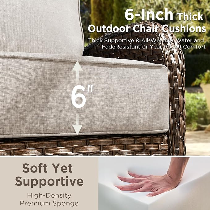 Luxury Wicker Patio Furniture Set with 6-Inch Thick Cushions, 3 Pieces Outdoor Swivel Rocker Patio Chairs Set of 2 with Rattan Side Table, Outdoor Patio Conversation Sets for Garden Deck, Beige