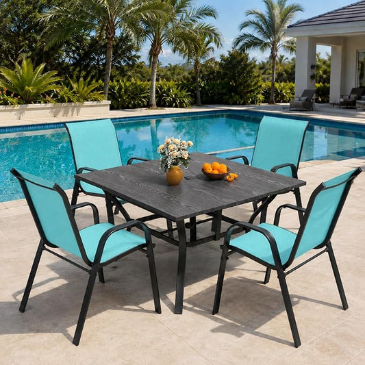 5 Piece Patio Dining Set, Stackable Outdoor Chairs Set of 4 with Textilene Fabric, 37.8" Wood-Grain Square Table with Umbrella Hole for Backyard Lawn Party (1 Table + 4 Chairs) (Sky Blue)