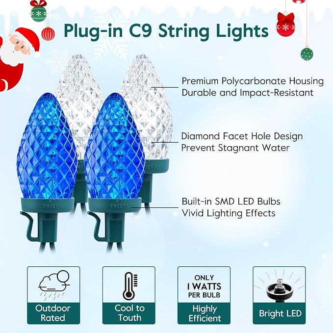 Brightown C9 LED Christmas Lights Outdoor, 66 ft 100 LED Strawberry String Lights, Waterproof Commercial Grade Extendable for Outside Roofline Patio Home Xmas Decoration, Blue and White