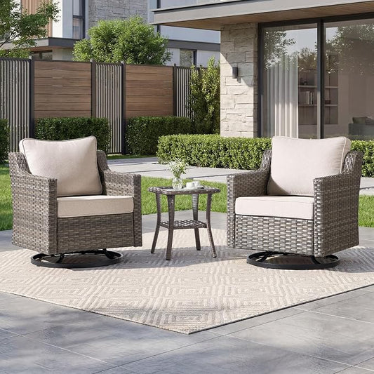 Luxury Patio Furniture sofa Set - 3 Pieces All Weather Wicker Outdoor Couch and High Back Swivel Rocker Patio Chairs with Glass coffee table for Deck Yard and Poolside Beige Cushions | Gray Wicker