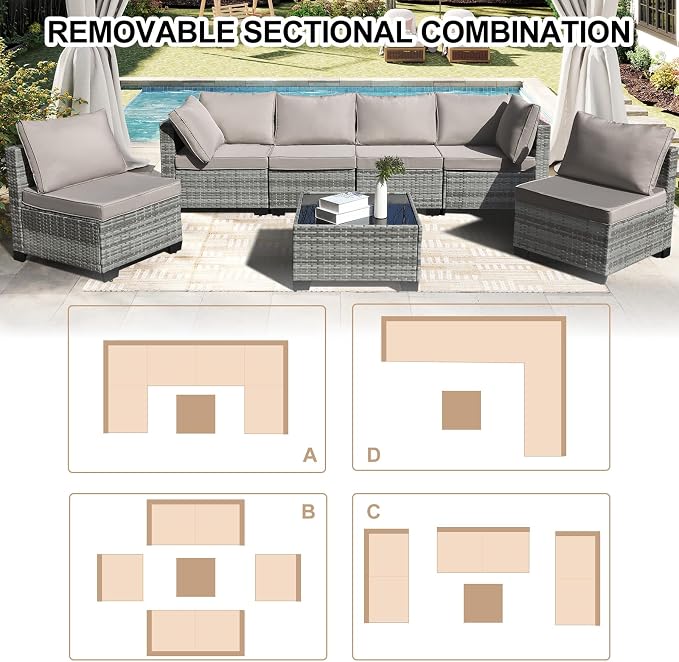 CANMOV 7 Pieces Patio Furniture Sets, All Weather Outdoor Patio Conversation Set, PE Wicker Rattan Sectional Sofa Couch Glass Coffee Table Washable Cushions for Backyard Garden, Poolside, Khaki