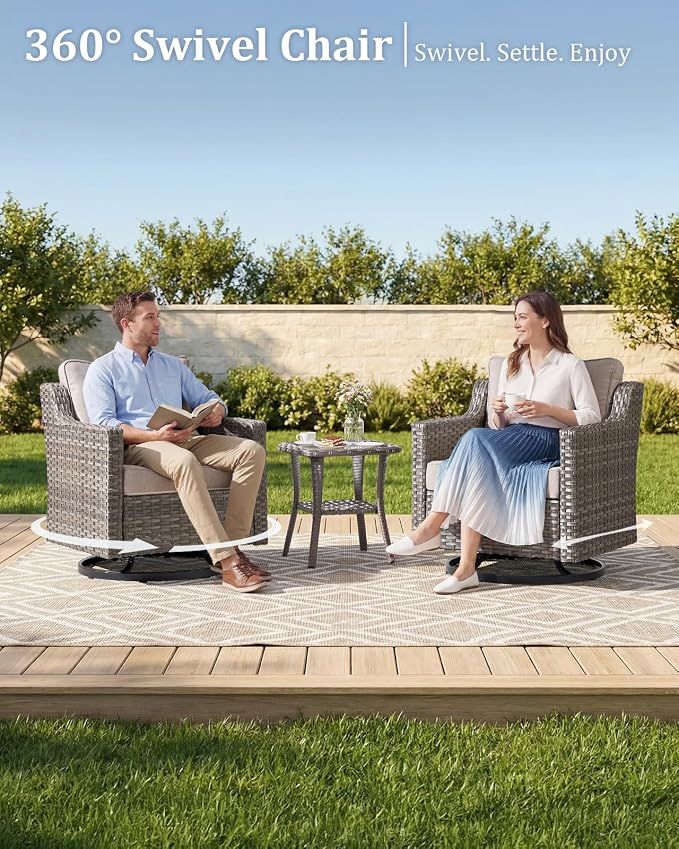 Outdoor Furniture Set of 5, Patio Furniture Set with Wicker Swivel Rocker Chairs, Ottomans and Side Table, High Back&Deep Seat for Garden Deck Porch Balcony Backyard - Beige