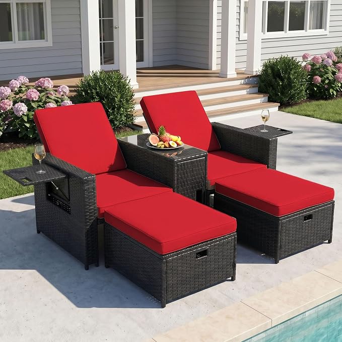 LVUYOYO 5 Piece Patio Furniture Set, Patio Wicker Conversation Set with Ottoman, Outdoor Chaise Lounge Chair with Side Table & Adjustable Backrest for Pool Backyard Garden (Black Wicker Red Cushion)