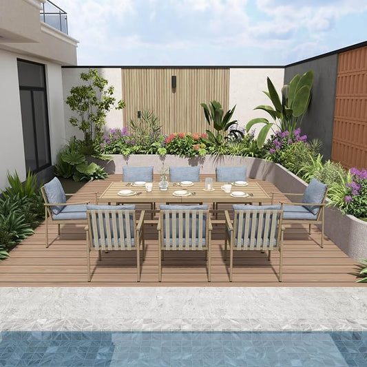 9-Piece Outdoor Dining Set for 8, Aluminum Dining Set with Cushions, 8 Dining Chairs with Rope Backrest, Large Rectangular Table with Umbrella Hole, Patio Dining Set for Lawn Porch Yard,Brown