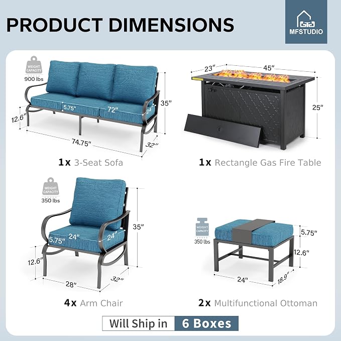 MFSTUDIO 6 Pieces Patio Furniture Sets with 45" Gas Fire Pit Table(Up to 7 Seat), Outdoor Metal Frame Patio Conversation Sofas with 1 x 3-Seat Sofa, 2 Sofa Chairs and 2 Ottoman, Peacock Blue Cushion