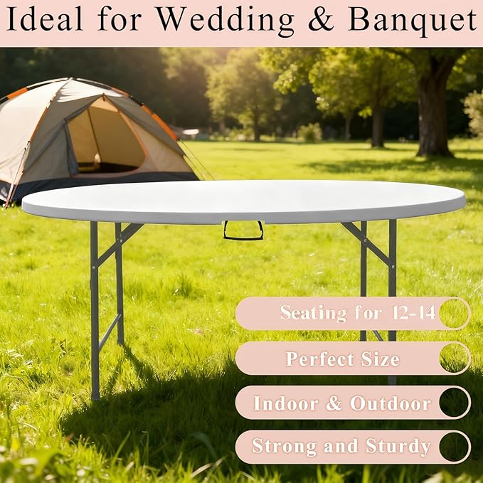 6 FT Round Folding Tables with Carrying Handle 72 inch Heavy Duty Portable Plastic Commercial Table Steel Legs for Party, Dining, Wedding, Events, Picnic Indoor, Outdoor (White,1 Pack)
