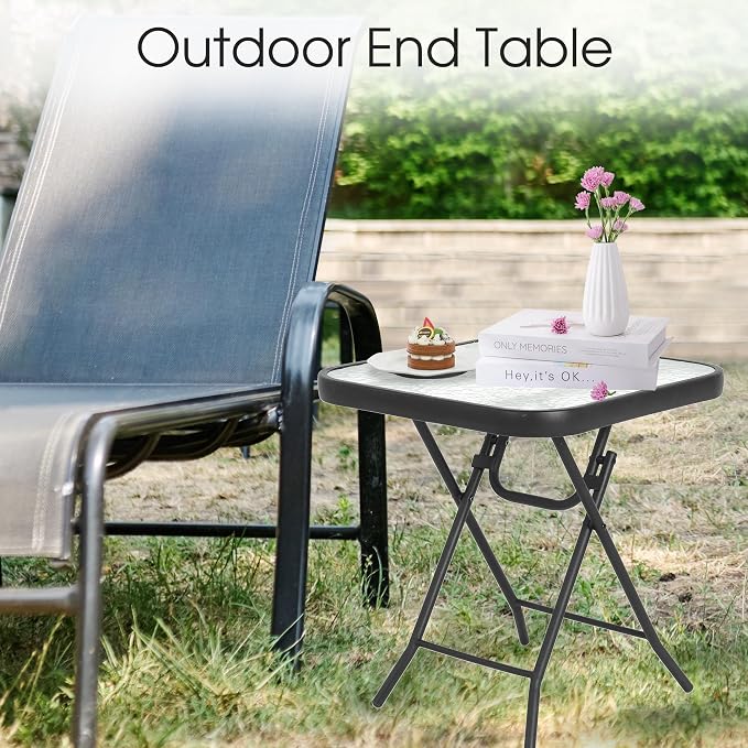 HOMEFUN Outdoor Side Tables Square Folding Patio End Table with Tempered Glass Tabletop, Portable Bistro Coffee for Porch Yard, Balcony, Garden, Deck Poolside, Transparent Glass