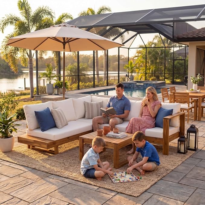 4-Piece Patio Furniture Set, Outdoor Conversation Set with Acacia Wood, Thick Washable Cushions, All-Weather Patio Seating for Backyard, Garden and Poolside(B-Beige)