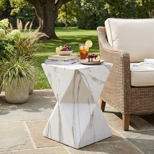 Christopher Knight Home 18.5 Inch Modern Geometric MGO Side Table Hourglass Accent End Table Faux Marble Look Indoor Outdoor Patio Living Room Bedroom