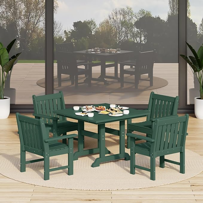 Costaelm Square Outdoor Dining Tables, 43'' Patio Table with Umbrella Hole for 4 Person, Balcony Outdoor Buffet Porch for Outside Lawn Porch Bistro Furniture, Dark Green