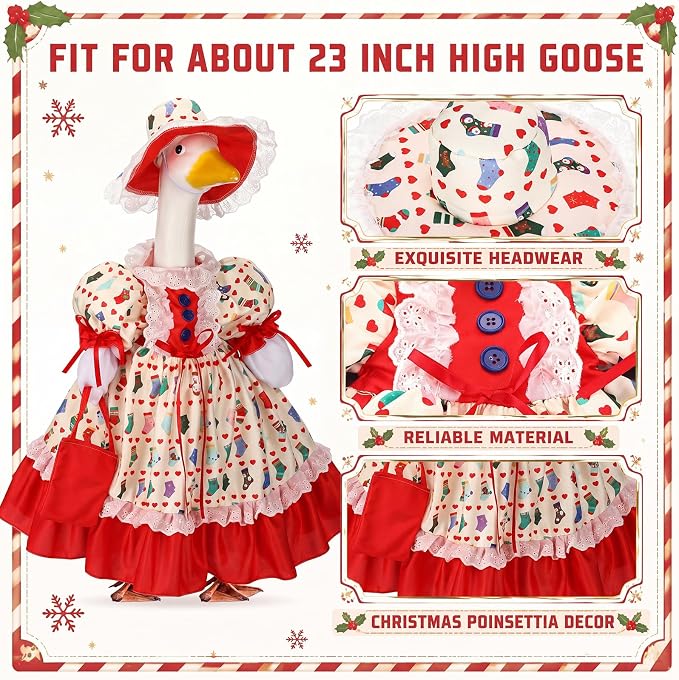 Suzile Christmas Porch Goose Outfit Holiday Geese Costume for 23" High Cement or Plastic Goose Clothes for Yard Lawn Outdoor Garden Patio Duck Statue Christmas Sock Dresses Winter Santa Party Decor