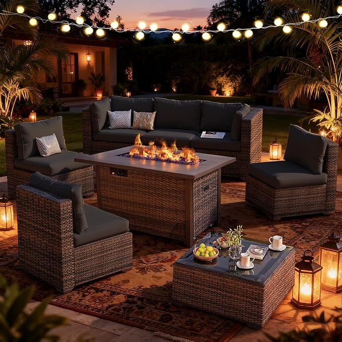 Patio Furniture Set, 8 PCS Outdoor Sectional Patio Furniture Set with 42" Fire Pit Table, Rattan Wicker Sofa Couch for Garden Backyard Deck Poolside, Black