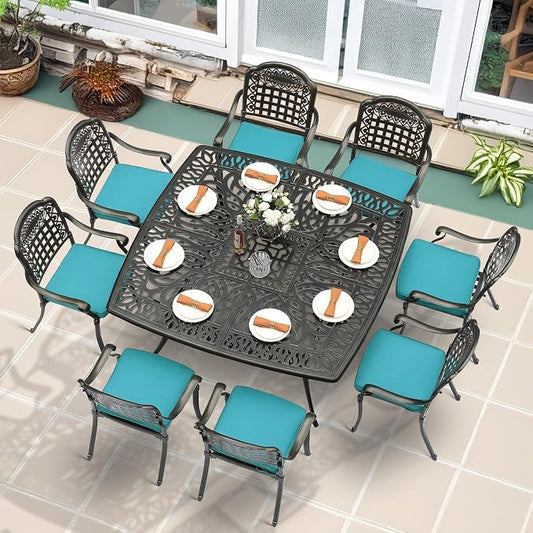 MEETWARM 9-Piece Outdoor Furniture Dining Set for 8, All Weather Cast Aluminum Patio Dining Set- Large 64" Square Table with Umbrella Hole, 8 Cushioned Chairs, Patio Table and Chairs Set, Ocean Blue