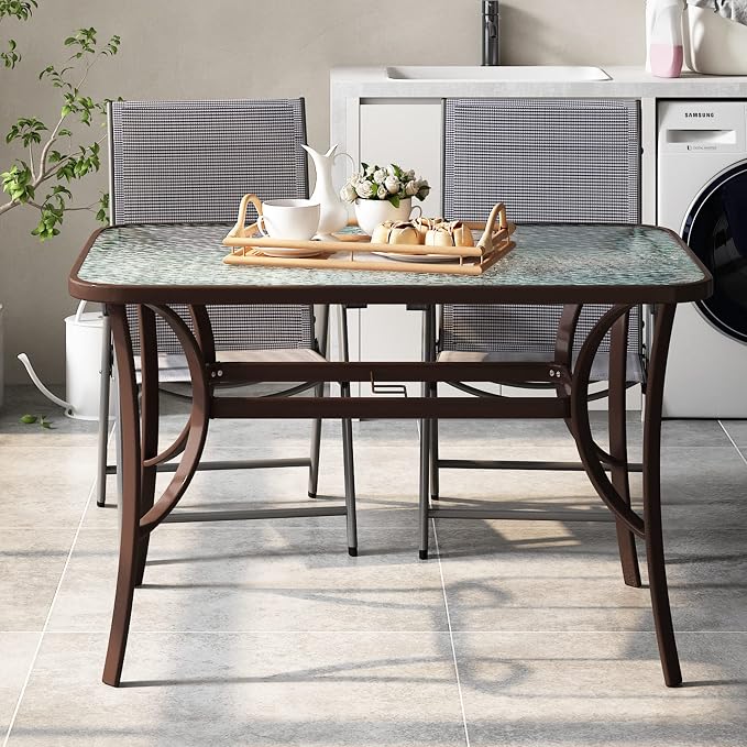 SogesPower Outdoor Tempered Glass Table Patio Dining Table with Umbrella Hole Steel Frame 47 inch Brown