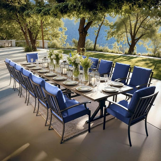 Kullavik 16 Pieces Outdoor Dining Set,Patio Dining Table and Chairs Set for 14,Fence Pattern Back Chairs with Thickened Cushions & X-Frame Metal Dining Table with Umbrella Hole for Patio,Navy Blue