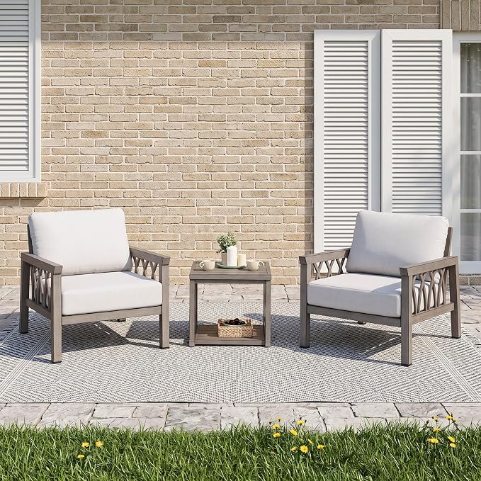 3-Piece Aluminum Patio Furniture Set, Deep Seating 2 Armchairs and Side Table, All Weather Patio Bistro Set with Cushions, Patio Conversation Set for Garden, Balcony, Deck, Limed Oak