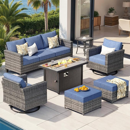 CAODOC 7 Pieces Outdoor Wicker Patio Set with 7 Seats, Including 43" Fire Pit - Swivel Rocker Chairs and Conversation Set for Backyard or Lawn, Gray Rattan with Waterproof Blue Cushions