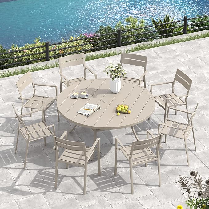 VICLLAX 60" Round Patio Table, Outdoor Dining Table for 8-10 with Umbrella Hole for Garden Lawn Deck Backyard, Sandshell