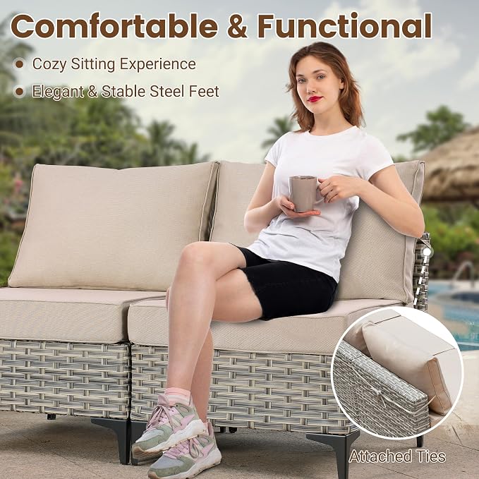 Outdoor Sectional Patio Furniture Set with Fire Pit Table,9 Pieces Rattan Wicker Conversation Sets L Shaped Couch,Outside Furniture with Swivel Chairs Glowing Coffee Table,Beige