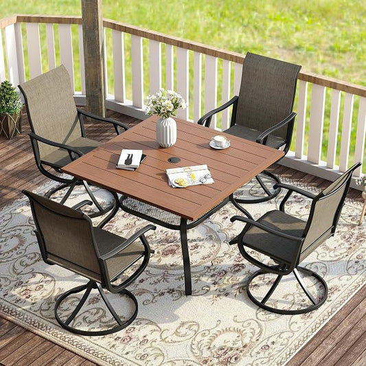 VICLLAX 5 Pieces Patio Dining Set for 4, Outdoor Furniture Set Includes 37.8" Square Outdoor Table and 4 Patio Swivel Chairs for Lawn Garden, Walnut Tabletop and Mixed Brown Fabric