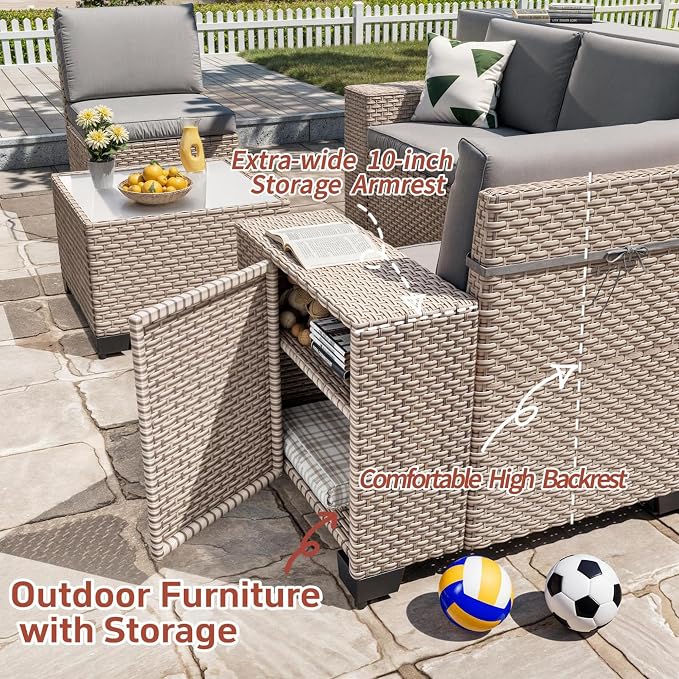 13 Pieces Patio Furniture Set with Fire Pit Table, Outdoor Sectional Wicker Sofa with Thickened Cushions and Coffee Table, High Back Rattan Patio Conversation Sets, Grey