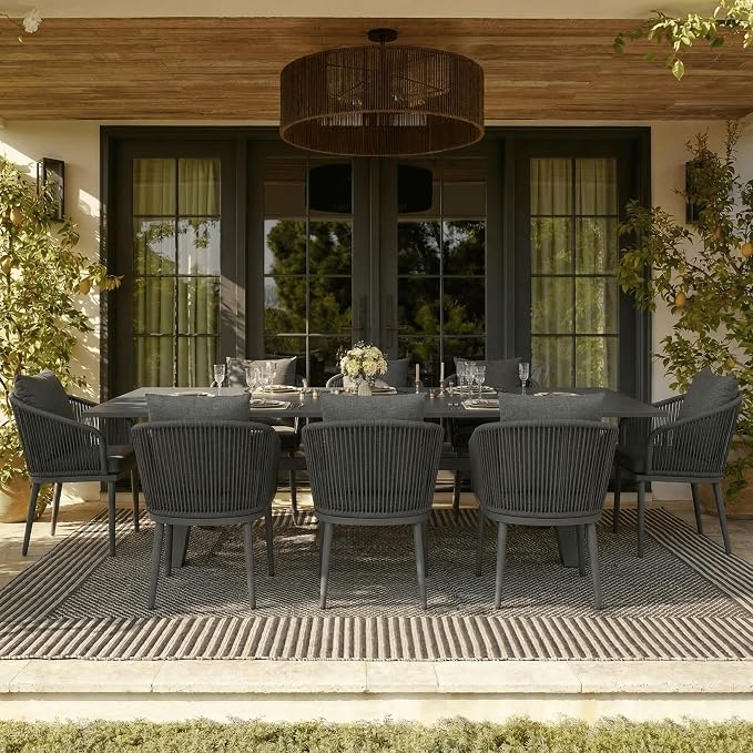 5-Piece Patio Dining Table Sets, Woven Wicker Dining Set with Rectangular Aluminum Table and Dining Chairs Modern Outdoor Dining Furniture Set for Outdoors and Indoors