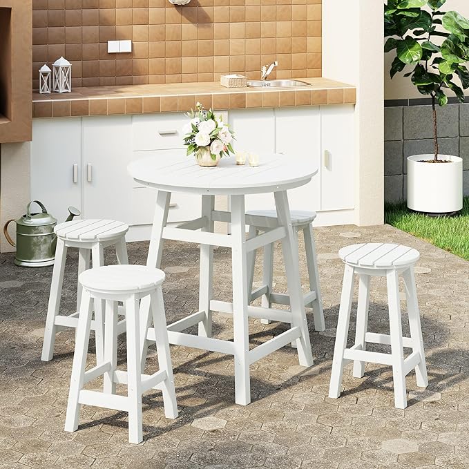 WestinTrends Malibu 5-Piece HDPE Outdoor Patio Dining Bar Bistro Table Set with Counter High Round Bar Stools