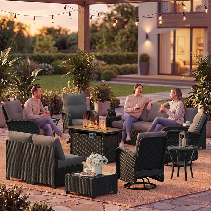 LazySunsets 13 PCS Patio Furniture Set with 44'' Fire Pit Table, Outdoor Sectional All-Weather Wicker Conversation Set with Swivel Rocker Chairs, 4'' Thick Cushions for Backyard Poolside(Crey/Black)