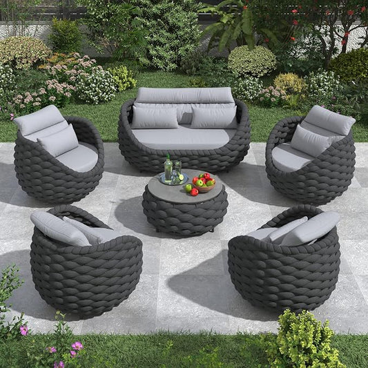 6-Piece Alumunim Outdoor Seating Set: All-Weather Patio Accent Furniture Sofa Set, Hand Woven Rope, No Assembly, Modern Garden Lounge Conversation Set for Backyard Deck Porch Poolside Hotel