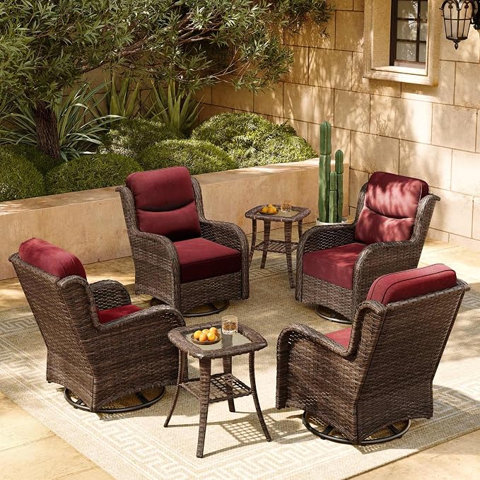 HILLGA 6-Piece Luxury Patio Furniture Set with 6" Thick Cushions, Weather-Resistant Wicker High Back Swivel Rocker Chairs, Senior-Friendly Conversation Set for Small Porch and Deck, Burgundy(V2)