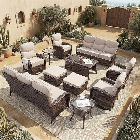 Patio Furniture Set with Luxury 6" Cushions, 11 Pieces Swivel Rocking High Back Patio Chairs, Couch and Ottoman, Outdoor Wicker Conversation Set for Deck, Porch, Backyard, Poolside, Beige