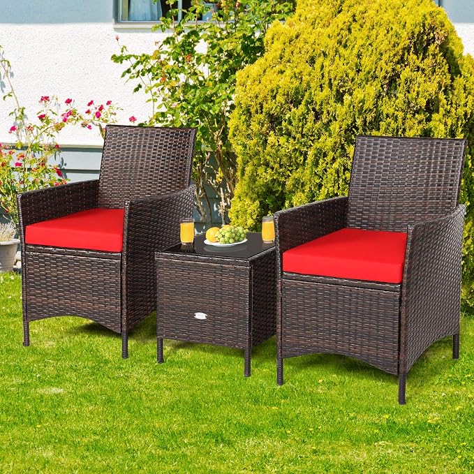 RELAX4LIFE 3 Pieces Patio Rattan Furniture Set with Glass Coffee Table & Cushions Outdoor Conversation Set for Poolside Balcony Backyard Lawn Porch 3 Pieces PE Rattan Patio Set (Red)