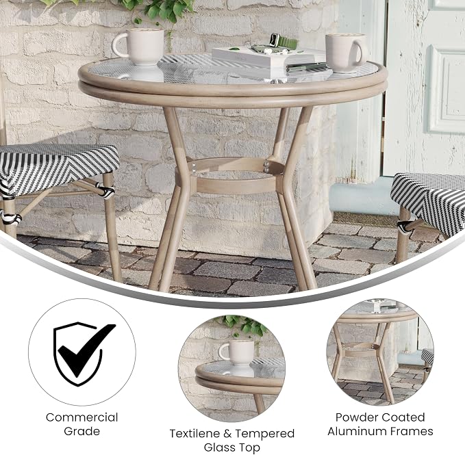 Flash Furniture Marseille Indoor/Outdoor Commercial Bistro Table - Tempered Glass Top - Textilene Fabric - Lt NAT Bamboo Print Aluminum Frame - 31.5" - Blk/Wht