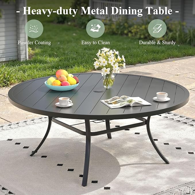 Outdoor Dining Set for 8, 63" Outdoor Dining Table with Umbrella Hole and Padded Textilene Patio Swivel Chairs, 9 Pieces Patio Table and Chairs Set for Garden Backyard, Mixed Brown and Black