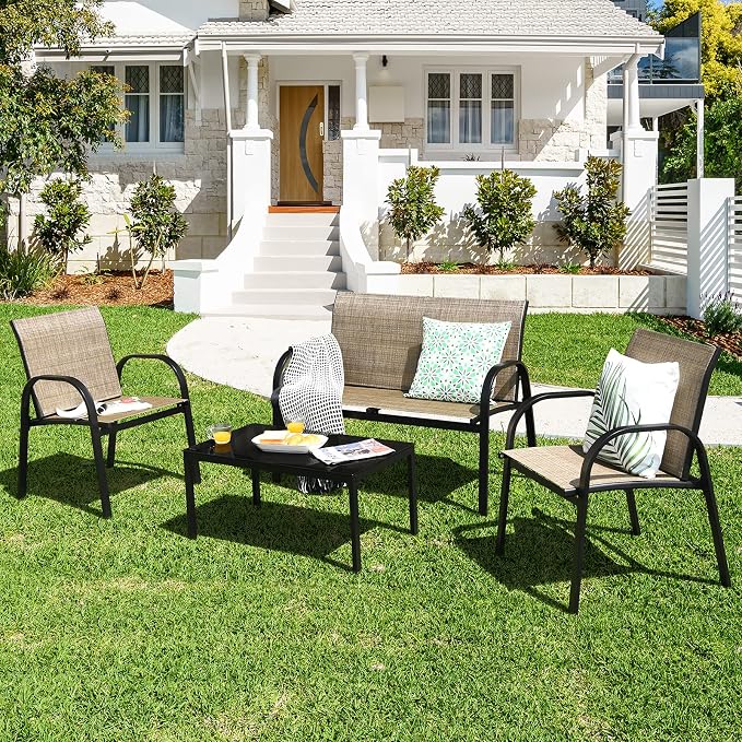 Tangkula 4 Pieces Patio Furniture Set, Metal Frame Heavy Duty Outdoor Conversation Set, Includes Glass Top Coffee Table, 2 Armrest Chairs and Loveseat, Suitable for Lawn Garden Porch Balcony (Brown)