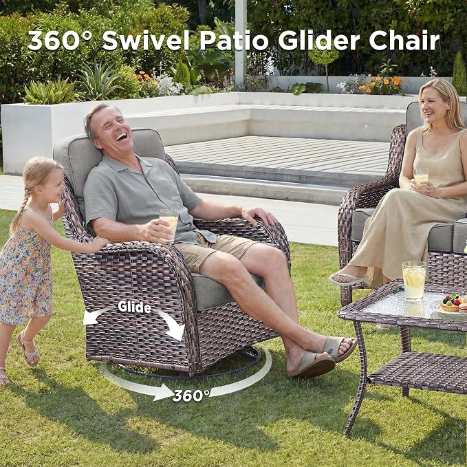 Luxury Outdoor Swivel Rocker Patio Chairs-4 Pieces High Back Swivel Rocker Patio Chairs with Thick Cushions All Weather Wicker Outdoor Furniture Set for Deck Porch Balcony(Brown/Grey)