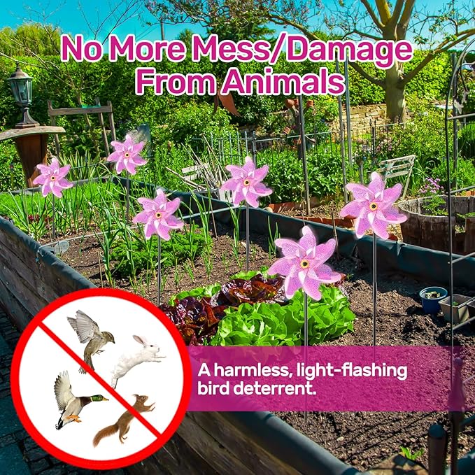 BATTIFE Preassembled Reflective Pinwheels for Yard & Garden, Pink, 10 Pack | Sparkly Reflective Material Spinner, Spins Best in Steady Wind, Animal-Deterrent Results Vary by Placement and Conditions