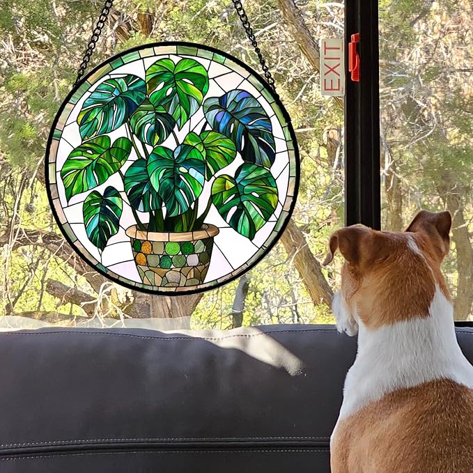 DASTOLL Stained Glass Window Hanging, Green Plant Monstera t Suncatcher Diamond Colorful Glass Panel Sun Catchers Decor for Birthday for Women, Men, Wife, Aunt, and Mom 14.9x14.9 in