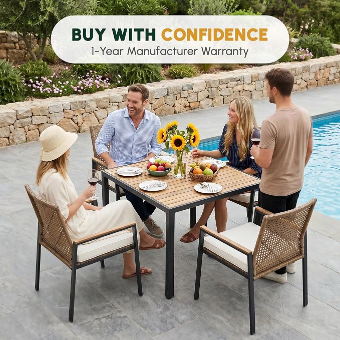 BEEFURNI Wicker Patio Furniture Dining Set, Outdoor Patio Table and Chairs Set, Rattan Outdoor Furniture Set, Acacia Wood Table, Chairs, Weather Proof Set for Porch, Backyard (Brown) (Brown, 5 PCS)
