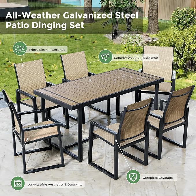 Jocoevol 7 Piece Patio Dining Set for 6, Outdoor Furniture Set Includes 67" Rectangle Patio Table and 6 Textilene Dining Chairs, Outdoor Table and Chairs for Outsides, Backyard, Garden and Poolside