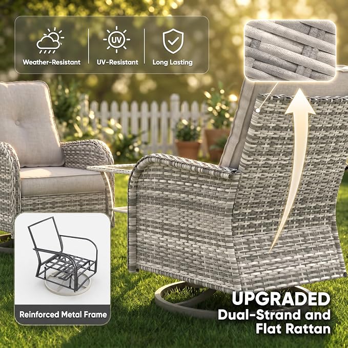 12-Piece Small Patio Furniture Set, Outdoor Swivel Rocking Chairs Set with 55,000 BTU Fire Pit Table Wicker Chairs and Ottomans, Patio Bistro Set for Balcony, Deck, Porch, Khaki