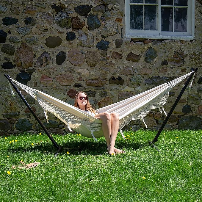 Vivere Double Cotton Hammock with Space Saving Steel Stand, Upgraded Polyester End Strings 450 lb Capacity - Premium Carry Bag Included - USA Grown Cotton (Natural)