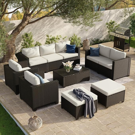 Aoxun 10 Piece Outdoor Patio Furniture Set 9 Seats, Outdoor Sectional with Thick Waterproof Cushions, Patio Conversation Sets for Garden,Backyard, Porch, Balcony, Black & Beige