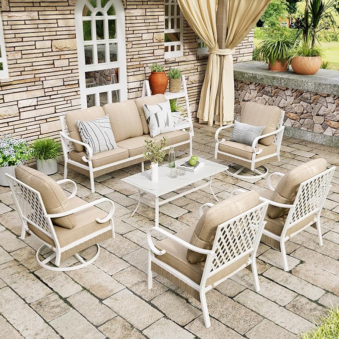 MIXPATIO 6 Piece Patio Furniture Set, 2 x Fixed Chair, 2 x Swivel Chair, 1 x 3-Seat Sofa with Marbling Coffee Table, All Cushioned Outdoor Conversation Set for Lawn Deck Backyard, Beige