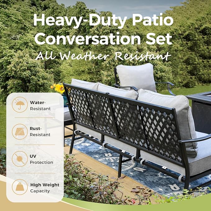 MIXPATIO Patio Furniture Set with Firepit Table, 4 Pcs Metal Outdoor Conversation Set, 2 Swivel Chairs and 3 Seater Sofa with 5.75" Extra Thick Cushion and Gas Fire Pit Table for Backyard Deck, Grey