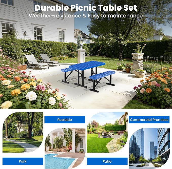 4FT Outdoor Metal Picnic Table with 2 Benches,Heavy Duty Rectangular Picnic Table Set for Outside, Waterproof Commercial Restaurant Table Furniture for Park, Campfield, Patio, Garden, Yard