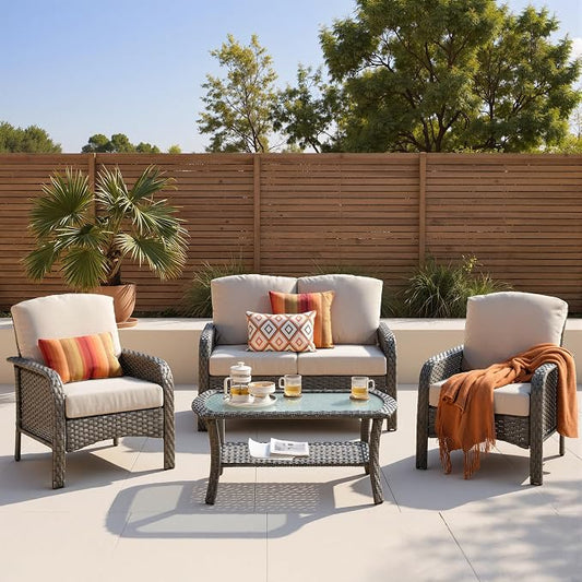 4-Piece Patio Furniture Set, Outdoor Wicker Furniture with Coffee Table, All Weather High Back Loveseat Patio Chairs, Modern Rattan Outdoor Chairs Conversation Set for Porch, Balcony, Garden,Beige