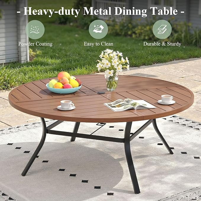 Round Patio Dining Set for 10, Outdoor Furniture Set of 63 Round Metal Table with Umbrella Hole and Stackable Wicker Patio Chairs for Backyard Lawn Garden, Walnut Chairs, Walnut Table